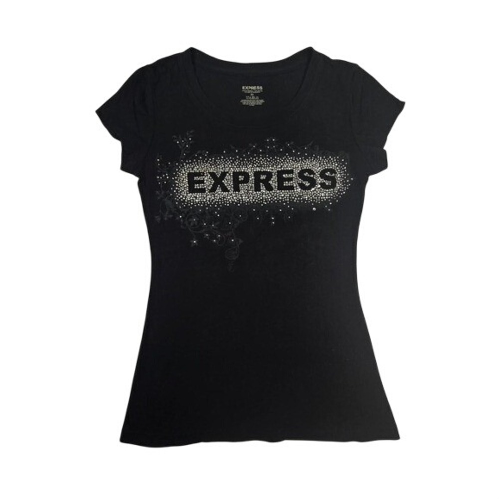 y2k black baby tee / rhinestone "Express" logo / cotton / XS / mcbling, 2000s